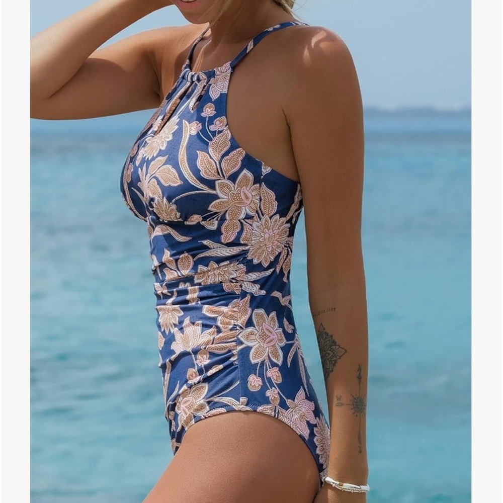 NIP CUPSHE Blue Floral One Piece Swimsuit High Neck Tummy Control Swimwear Sz:L - Picture 5 of 11